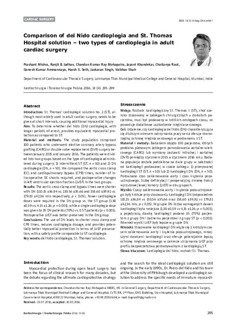 (PDF) Comparison of del Nido cardioplegia and St. Thomas Hospital solution - Two types of ...