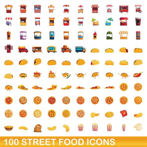 100 street food icons set, cartoon style 8995742 Vector Art at Vecteezy