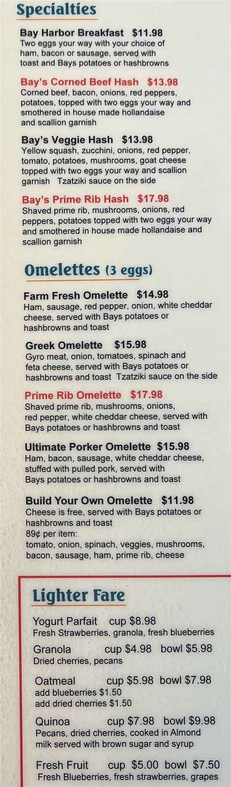 Bayside Restaurant Menu, Petoskey, MI