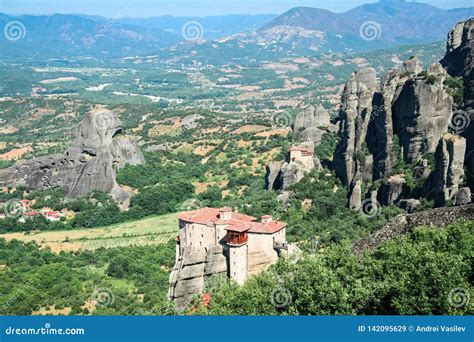 Beautifful View of Small Rock Monastery Roussanou St. Barbarain and Thessalian Plain. Meteora ...