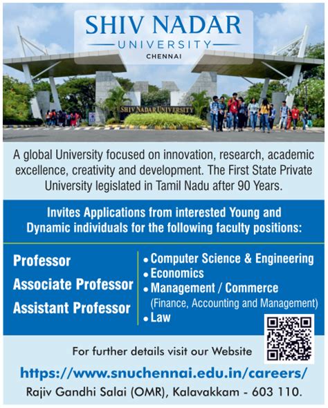 Shiv Nadar University Chennai Wanted Professor/Associate Professor/Assistant Professor/Non ...