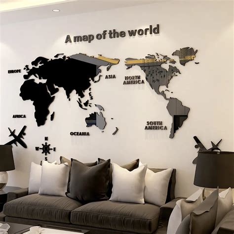 World Map Wall 3D Acrylic Wall Stickers Three-dimensional Mirror Stickers Bedroom Office ...