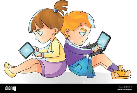 Children with gadgets, boy and laptop, girl reads tablet, vector Stock ...