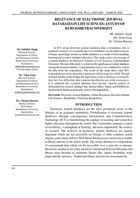 (PDF) RELEVANCE OF ELECTRONIC JOURNAL DATABASES IN LIFE SCIENCES: ASTUDYOF KURUKSHETRAUNIVERSITY