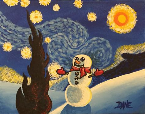 Starry Night Snowman is an 11 x 14" acrylic on canvas painting by Dane ...