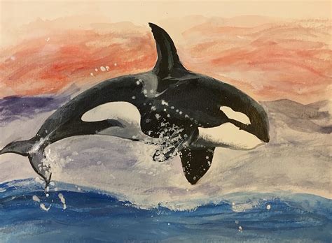 Sunset killer whale Painting by Jun Xing