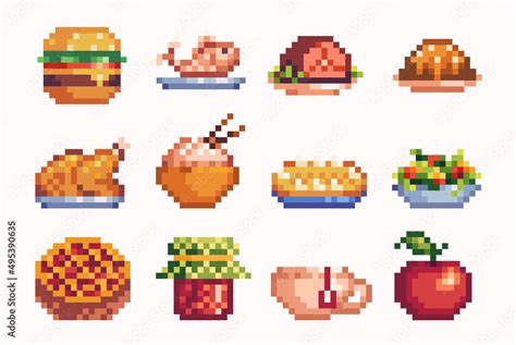 Restaurant dishes pixel art set. Salad, meat, fastfood collection. Food ...