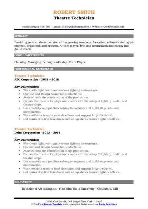 Theatre Technician Resume Samples | QwikResume