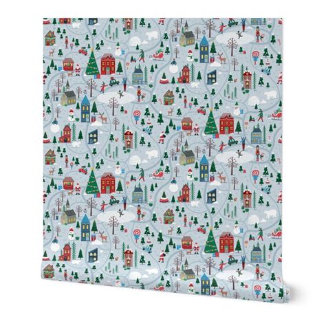 Snowy Christmas Village Map - Small Wallpaper | Spoonflower