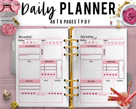 A6 Pink Daily Planner Printable Day Organizer Daily Agenda Exercise ...