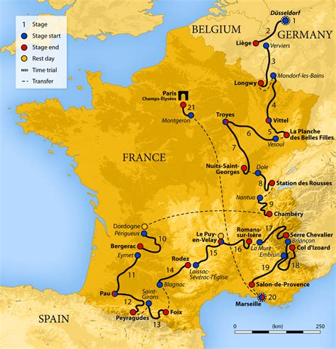 Map of France showing the showing the path of the race starting in ...