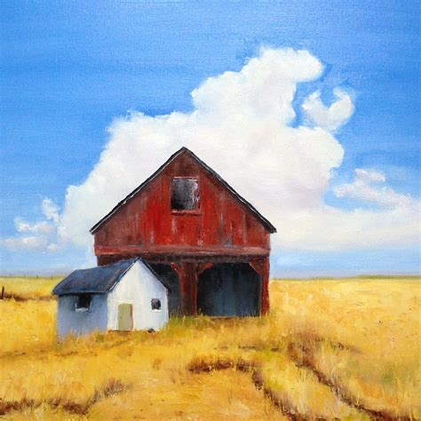 Barn Painting, Canvas Oil Painting, Farm Painting, Red Gold Decor, Minimalist