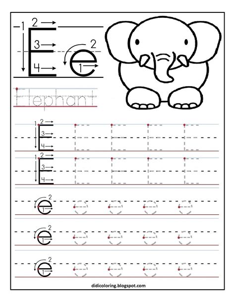 Free printable worksheet letter E for your child to learn and write - Didi coloring Page