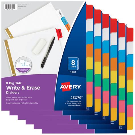 Avery 8-Tab Plastic Binder Dividers Insertable Multicolor Big Tabs 6 ...