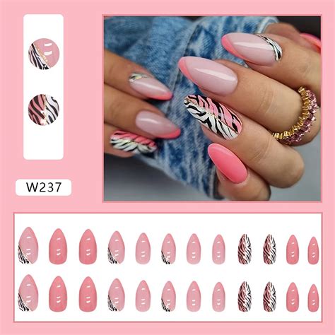 Press On Nails Almond Medium Fake Nails Acrylic Ballet French Tip Nails Pink Zebra Pattern ...