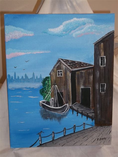 Acrylic Painting of Dock Scene with Boat and Dock 11 x 14 Free