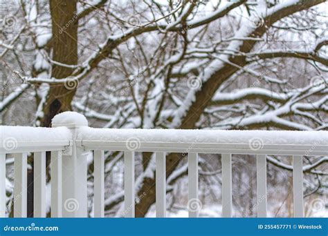 Snow Coating and Layering on a Deck Railing To the Staircase Stock ...