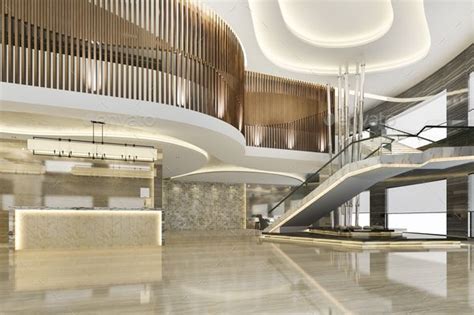 3d rendering grand luxury hotel reception hall entrance and lounge restaurant with stair | Hotel ...