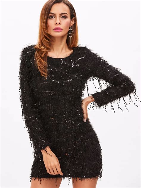 Aliexpress.com : Buy Winter Black Party Dress Long Sleeve Metallic Fringe Sequin Feather 3D ...