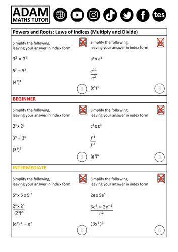 GCSE Powers & Roots Worksheets, Exam Questions & Solutions | Teaching Resources