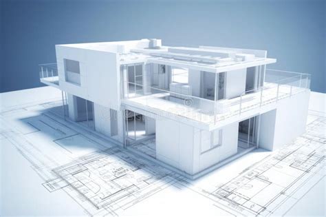 Building Project Plan. Blueprint of a Modern House with 3d Model Stock ...