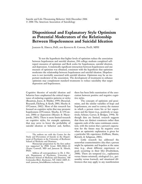 (PDF) Dispositional and Explanatory Style Optimism as Potential Moderators of the Relationship ...