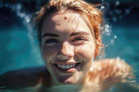 Premium Photo | Closeup of cheerful young woman swimming in blue water ...
