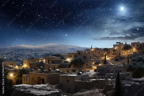 Christmas star over city of Bethlehem. Nativity story. Birth of Jesus Christ. Beautiful dark ...