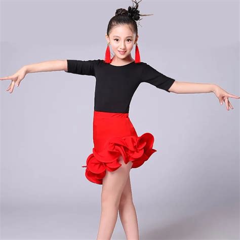 Children Ballroom Latin Salsa Cha Cha Dance Competition Costume Set T Shirt Tops Skirt for Girls ...