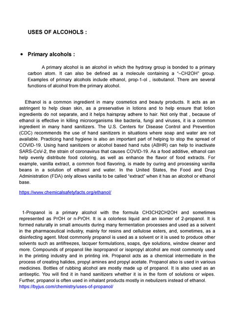 USES OF Alcohols CHM256 - Applied Science AS120 - UiTM - Studocu