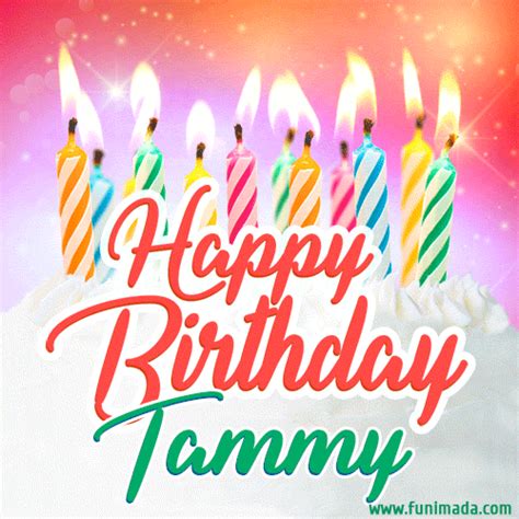 A white creme cake with colorful candles and the words 'Happy Birthday Tammy' in a handwritten ...