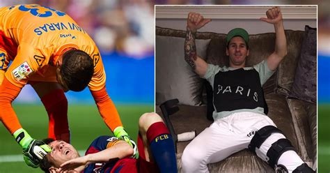 Barcelona star Lionel Messi gives thumbs up as he continues knee injury recovery at home ...