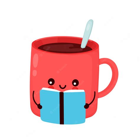 Premium Vector | Cute happy funny coffee mug read book. cartoon character illustration icon ...