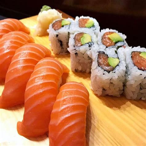 Salmon sushi rolls and salmon nigiri sushi made by @sushisundayz sushi recipes www.makesushi.com ...