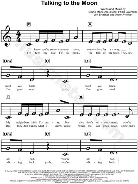 Bruno Mars "Talking to the Moon" Sheet Music for Beginners in C Major - Download & Print - SKU ...