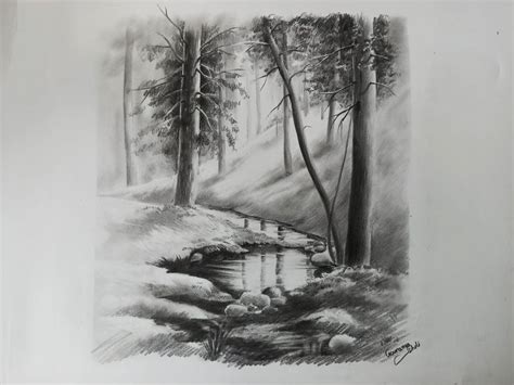 Pencil sketch scenery | Carboncillo paisaje, Bocetos artísticos, Pinturas