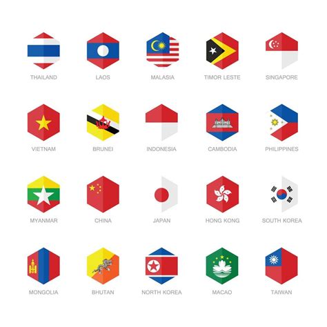 East Asia and South East Asia Flag Icons. Hexagon Flat Design. 20490116 Vector Art at Vecteezy