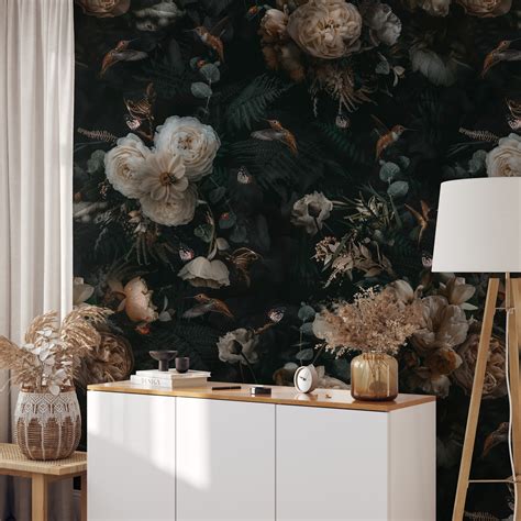 Dark Floral Wallpaper Peel and Stick Botanical Wall Mural - Etsy