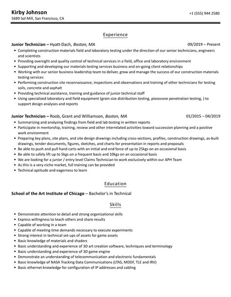 Junior Technician Resume Samples | Velvet Jobs