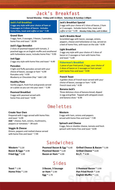 Jack's Family Restaurant menu in Lakefield, Ontario, Canada