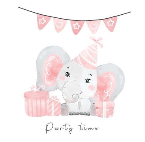 cute baby pink elephant girl with party hat and gift boxes, nursery birthday wildlife animal ...