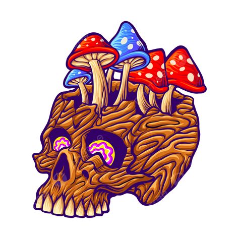 T Shirt Label Vector Hd Images, Wood Skull With Mushrooms Colorful Vector Illustrations For Your ...