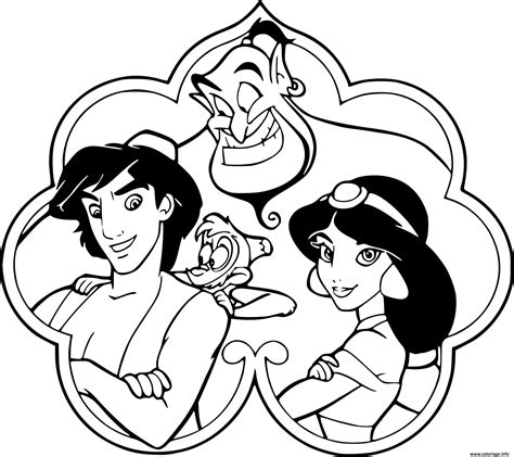 Coloriage Aladdin Jasmine Genie Abu - JeColorie.com