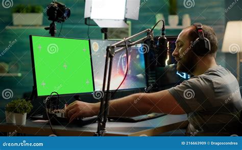 Cyber Streamer Playing Online Videogames on Green Screen Powerful Computer Stock Image - Image ...