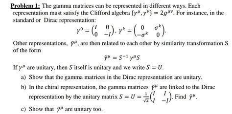 Solved Problem 1: The gamma matrices can be represented in | Chegg.com