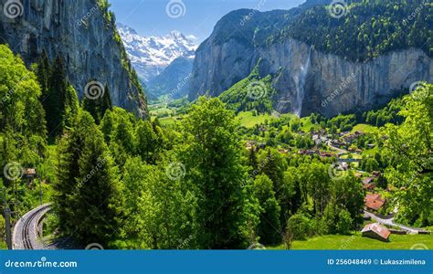 View on Alpine Village Lauterbrunnen in Switzerland Stock Image - Image of tourism, green: 256048469