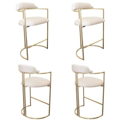 Brass Bar Stools Upholstered in White Leather | Upholstered bar stools ...