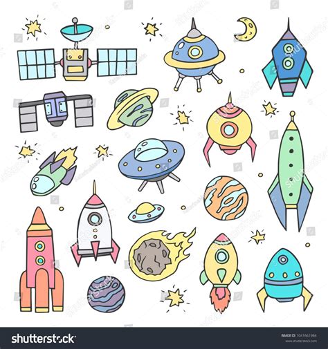 Collection of sketchy space objects, colored graphics on white background. Hand drawing. The ...