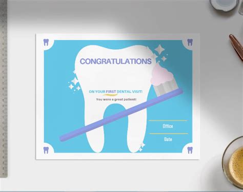 First Dental Visit Certificate 1st Dental Exam Dentist, Dental Hygeinist, Dental Assistant Gift ...