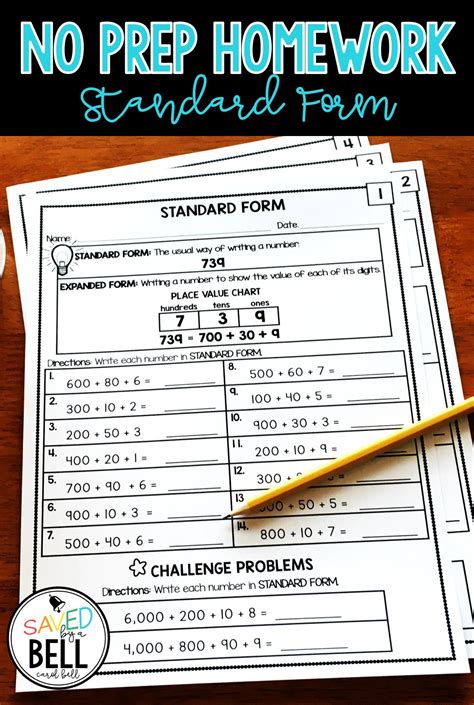 a printable worksheet with the words no prep homework standard form on it